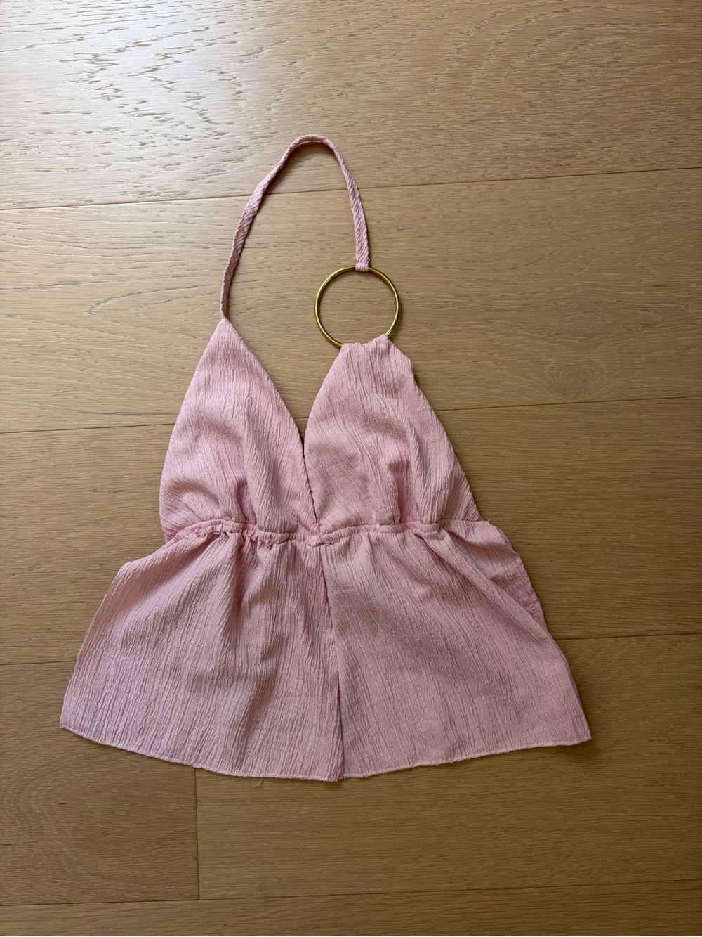 Pink Textured Halter Crop Top with Gold Ring